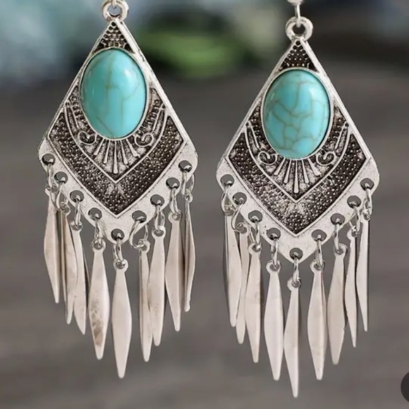 TURQUOISE Silver Navajo Feather Drop Boho Earrings - Picture 2 of 4